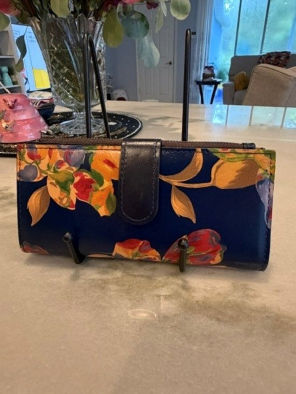 Patricia Nash Navy Floral Leather Bifold Wallet with ID Window and Zip Pocket